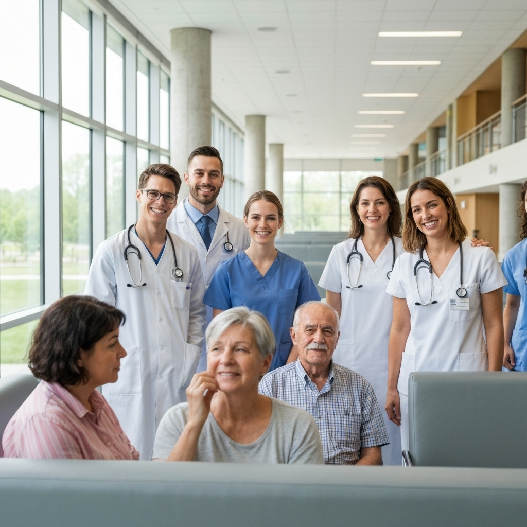Happy healthcare professionals and patients in a modern medical facility showing positive patient experience